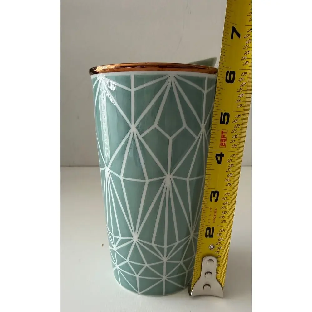 STARBUCKS 2017 Ceramic Green Diamond Geometric Travel Mug Tumbler 12 Ounces LN